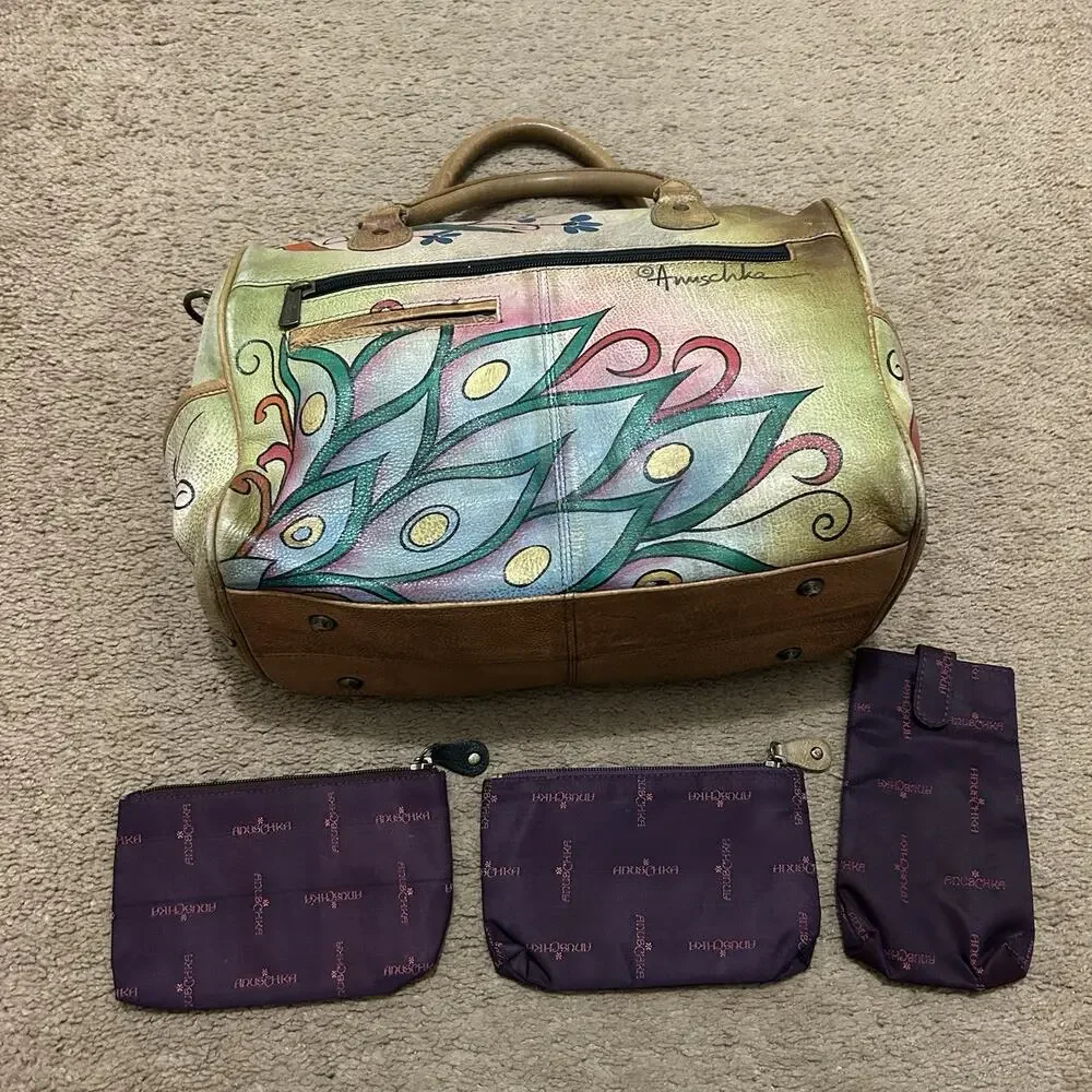 Anuschka Hand Painted Satchel Peacock Leather With Pouches *Blemishes